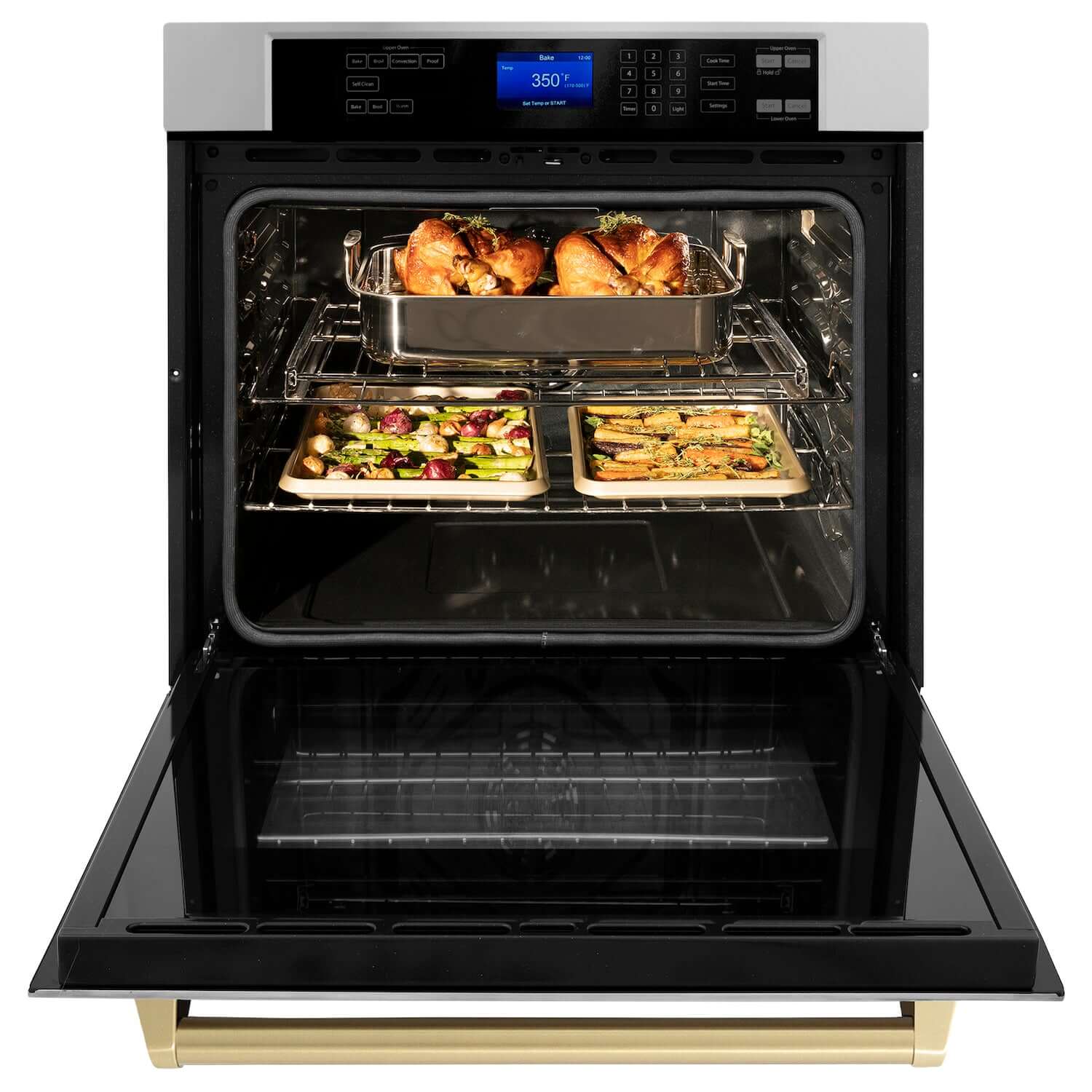 ZLINE Autograph Edition 30 in. Electric Single Wall Oven with Self Clean and True Convection in Stainless Steel and Champagne Bronze Accents (AWSZ-30-CB) front, open with cooked food inside.