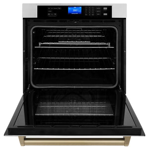 ZLINE Autograph Edition 30 in. Electric Single Wall Oven with Self Clean and True Convection in Stainless Steel and Champagne Bronze Accents (AWSZ-30-CB) front, open.