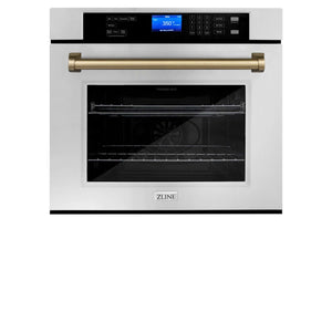 ZLINE Autograph Edition 30 in. Electric Single Wall Oven with Self Clean and True Convection in Stainless Steel and Champagne Bronze Accents (AWSZ-30-CB) front.