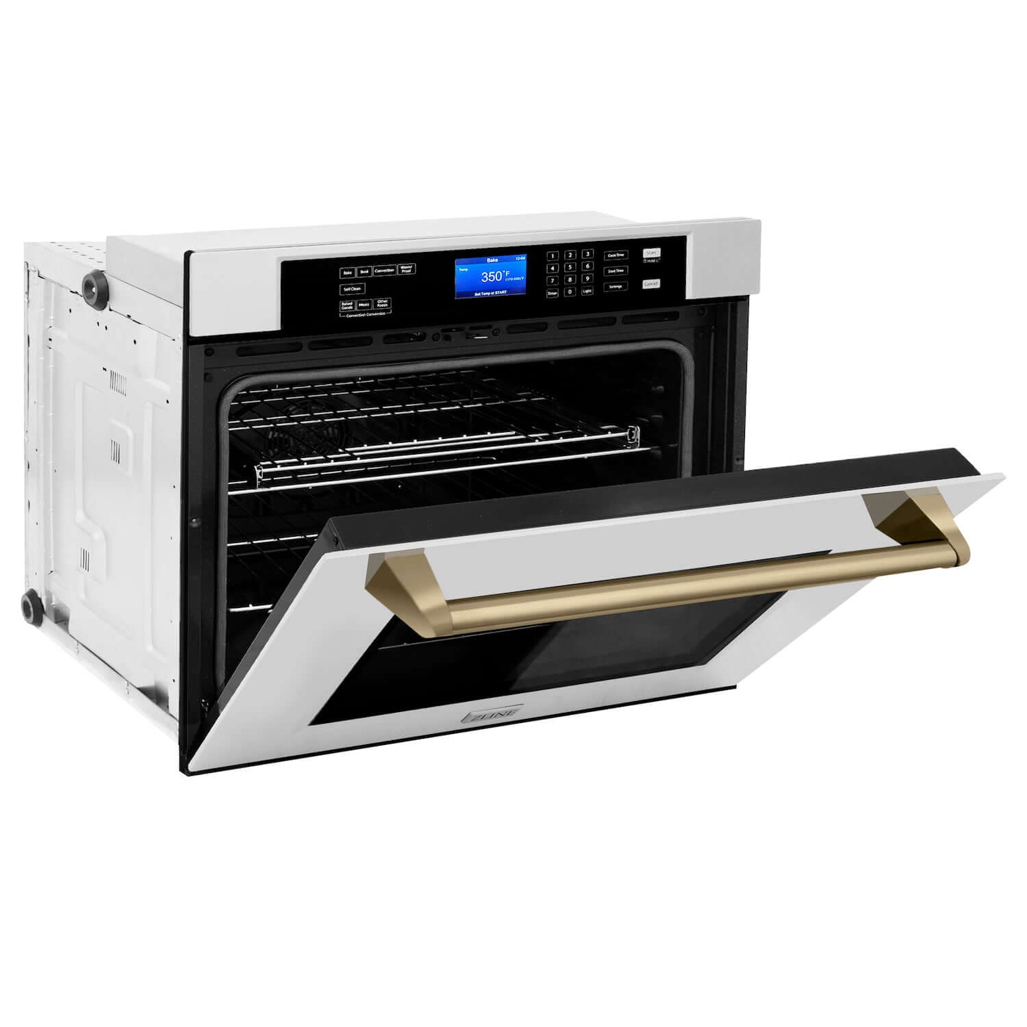ZLINE Autograph Edition 30 in. Electric Single Wall Oven with Self Clean and True Convection in Stainless Steel and Champagne Bronze Accents (AWSZ-30-CB) side, half open.