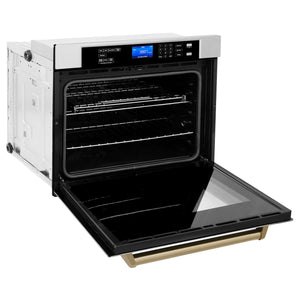 ZLINE Autograph Edition 30 in. Electric Single Wall Oven with Self Clean and True Convection in Stainless Steel and Champagne Bronze Accents (AWSZ-30-CB) side, open.