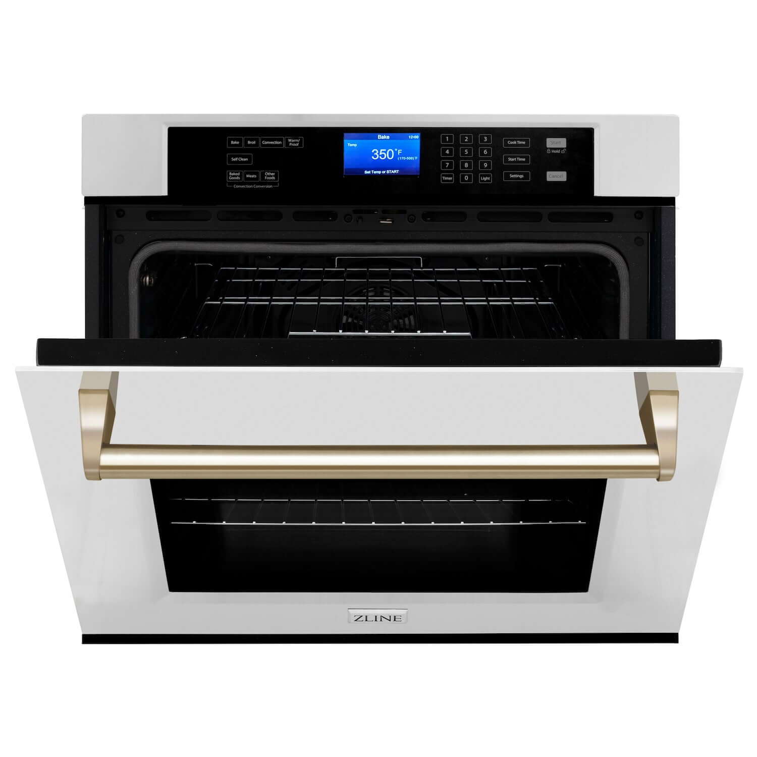ZLINE Autograph Edition 30 in. Electric Single Wall Oven with Self Clean and True Convection in Stainless Steel and Polished Gold Accents (AWSZ-30-G) front, half open.