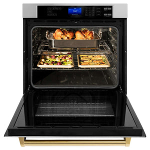 ZLINE Autograph Edition 30 in. Electric Single Wall Oven with Self Clean and True Convection in Stainless Steel and Polished Gold Accents (AWSZ-30-G) front, open with cooked food inside.
