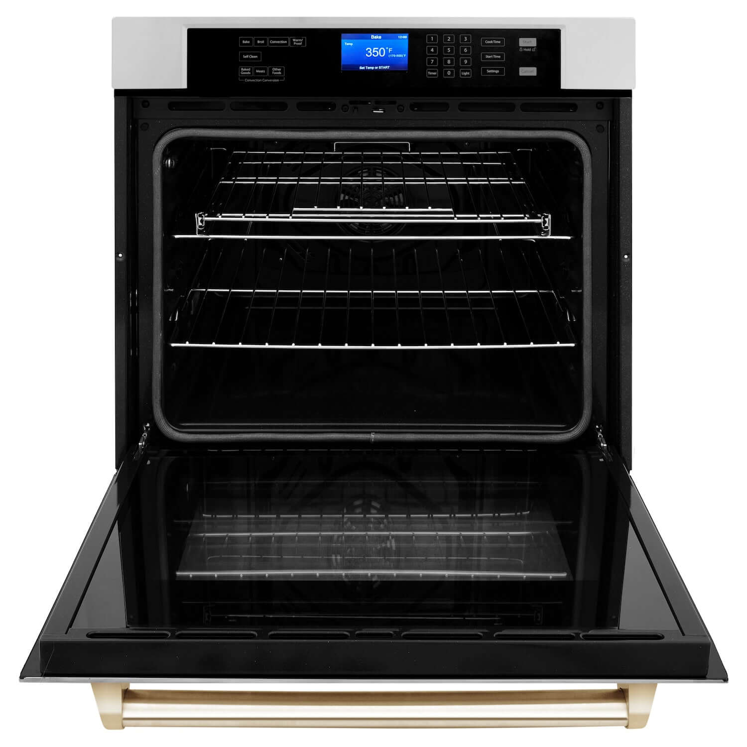 ZLINE Autograph Edition 30 in. Electric Single Wall Oven with Self Clean and True Convection in Stainless Steel and Polished Gold Accents (AWSZ-30-G) front, open.