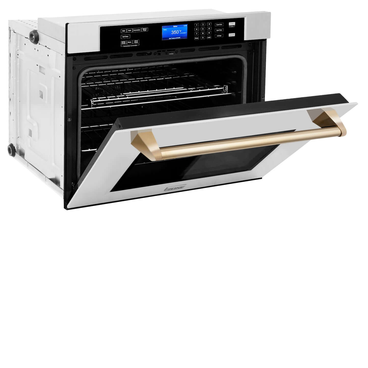 ZLINE Autograph Edition 30 in. Electric Single Wall Oven with Self Clean and True Convection in Stainless Steel and Polished Gold Accents (AWSZ-30-G) side, half open.