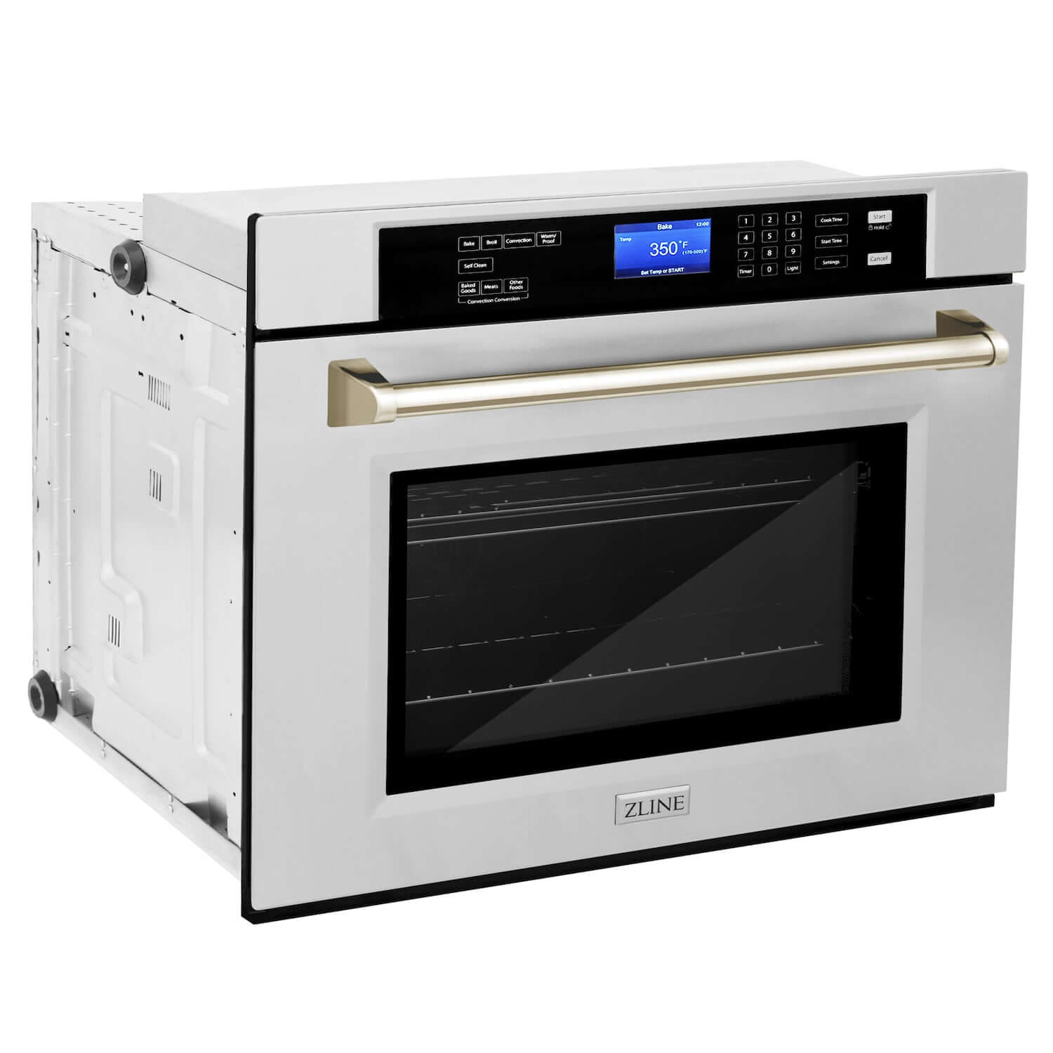 ZLINE Autograph Edition 30 in. Electric Single Wall Oven with Self Clean and True Convection in Stainless Steel and Polished Gold Accents (AWSZ-30-G) side, closed.
