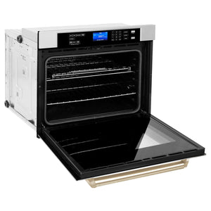 ZLINE Autograph Edition 30 in. Electric Single Wall Oven with Self Clean and True Convection in Stainless Steel and Polished Gold Accents (AWSZ-30-G) side, open.