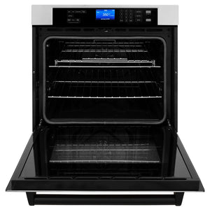 ZLINE Autograph Edition 30 in. Electric Single Wall Oven with Self Clean and True Convection in Stainless Steel and Matte Black Accents (AWSZ-30-MB) front, open.