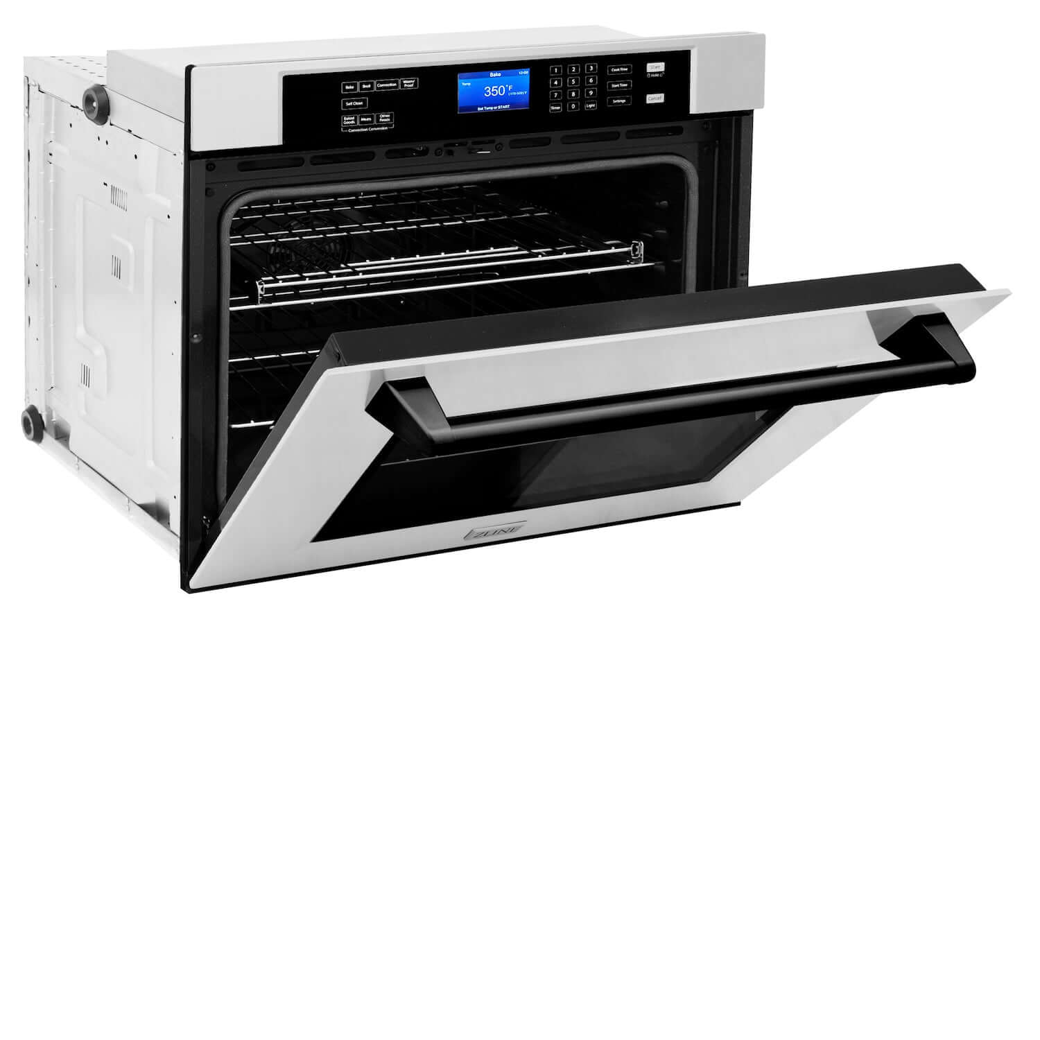 ZLINE Autograph Edition 30 in. Electric Single Wall Oven with Self Clean and True Convection in Stainless Steel and Matte Black Accents (AWSZ-30-MB) side, half open.