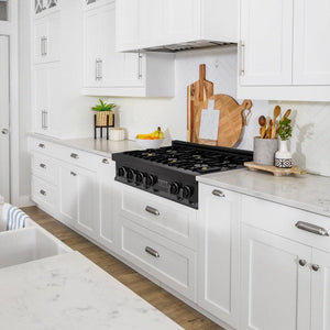 ZLINE 36 in. Legacy Gas Rangetop with 6 Brass Burners and Porcelain Cooktop in Black Stainless Steel (RTB-BR-36) lifestyle, in a luxury kitchen.