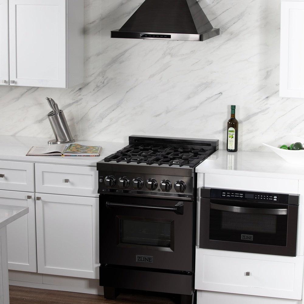 ZLINE 24 in. Dual Fuel Range in Black Stainless Steel with matching range hood and microwave in modern white kitchen