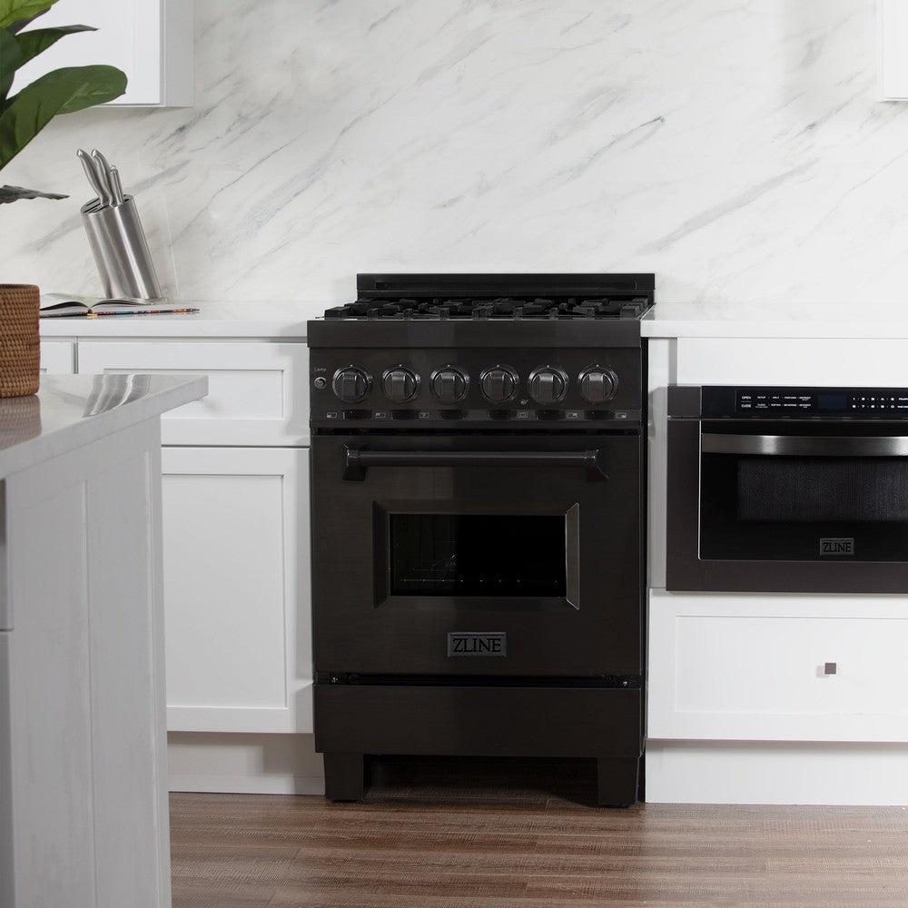 ZLINE 24 in. Dual Fuel Range in Black Stainless Steel in white kitchen with matching black stainless steel microwave