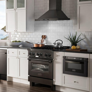 ZLINE 30 in. 4.0 cu. ft. Legacy Dual Fuel Range with Gas Cooktop and Electric Convection Oven in Black Stainless Steel with 4 Brass Burners (RAB-BR-30) in a luxury kitchen.