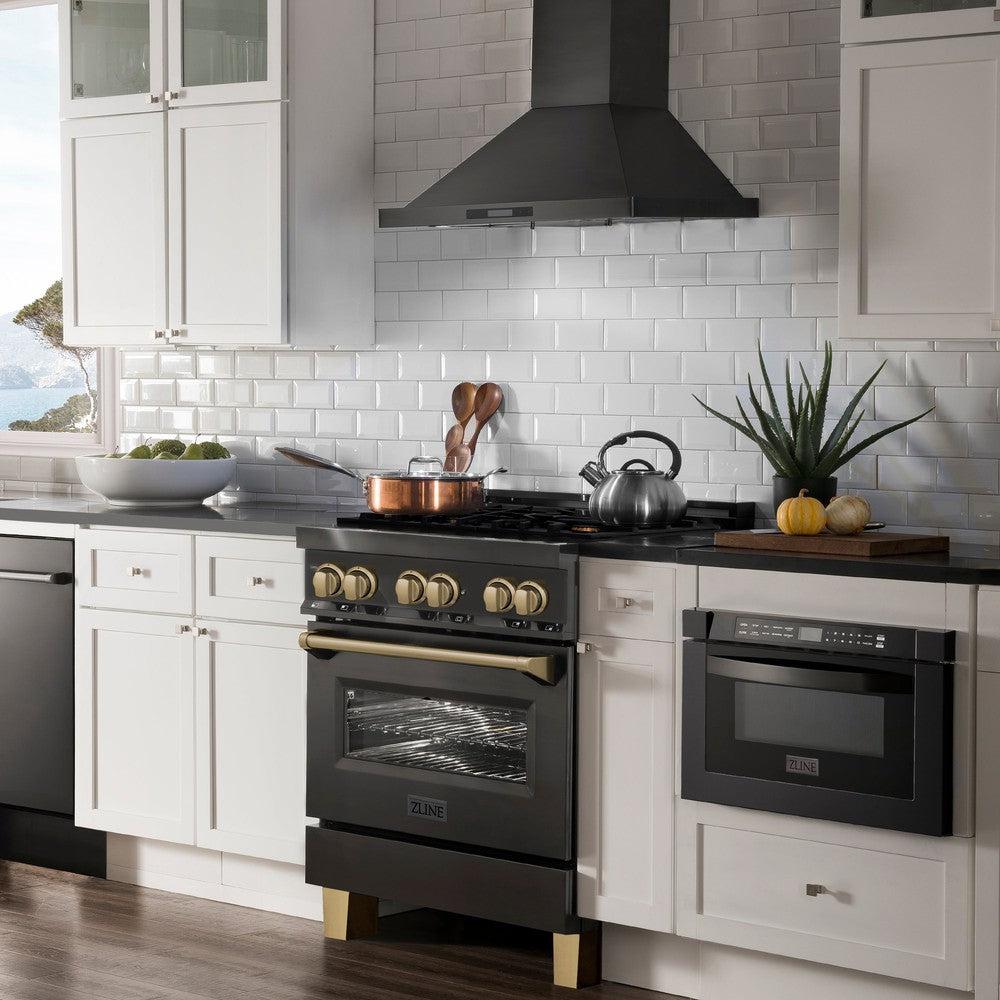 ZLINE Autograph Edition 30 in. 4.0 cu. ft. Dual Fuel Range with Gas Stove and Electric Oven in Black Stainless Steel with Champagne Bronze Accents (RABZ-30-CB) in a luxury farmhouse-style kitchen from side.