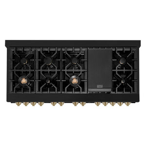 ZLINE Autograph Edition 60 in. 7.4 cu. ft. Legacy Dual Fuel Range with 9 Burner Gas Cooktop and 2 Electric Convection Ovens in Black Stainless Steel and Champagne Bronze Accents (RABZ-60-CB) top-down, above cooktop.