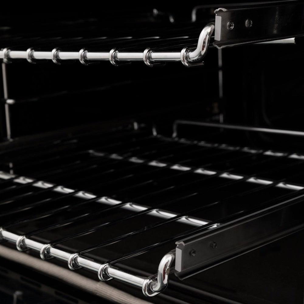 ZLINE 24 in. Professional Dual Fuel Range in Black Stainless Steel (RAB-24) close-up, SmoothGlide ball-bearing adjustable racks inside oven from side.