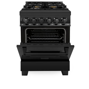 ZLINE 24 in. 2.8 cu. ft. Legacy Dual Fuel Range with Gas Cooktop and Electric Convection Oven in Black Stainless Steel with 4 Brass Burners (RAB-BR-24) front, oven half open.