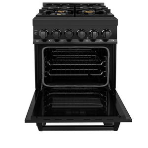 ZLINE 24 in. 2.8 cu. ft. Legacy Dual Fuel Range with Gas Cooktop and Electric Convection Oven in Black Stainless Steel with 4 Brass Burners (RAB-BR-24) front, open.