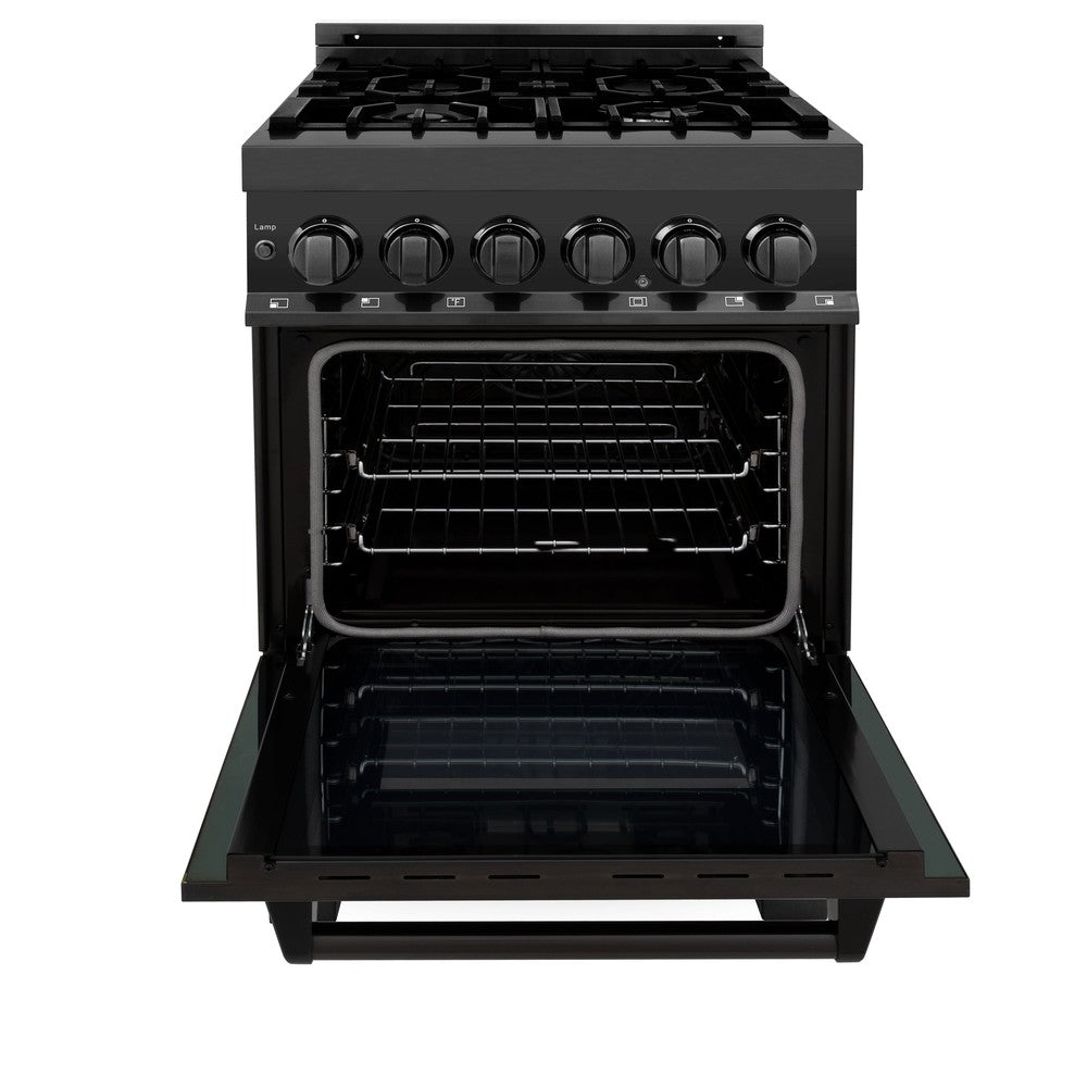 ZLINE 24 in. Professional Dual Fuel Range in Black Stainless Steel (RAB-24) front, oven open.