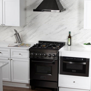 ZLINE 24 in. Professional Dual Fuel Range in Black Stainless Steel with Brass Burners (RAB-BR-24) in white farmhouse style kitchen with matching ZLINE Range Hood