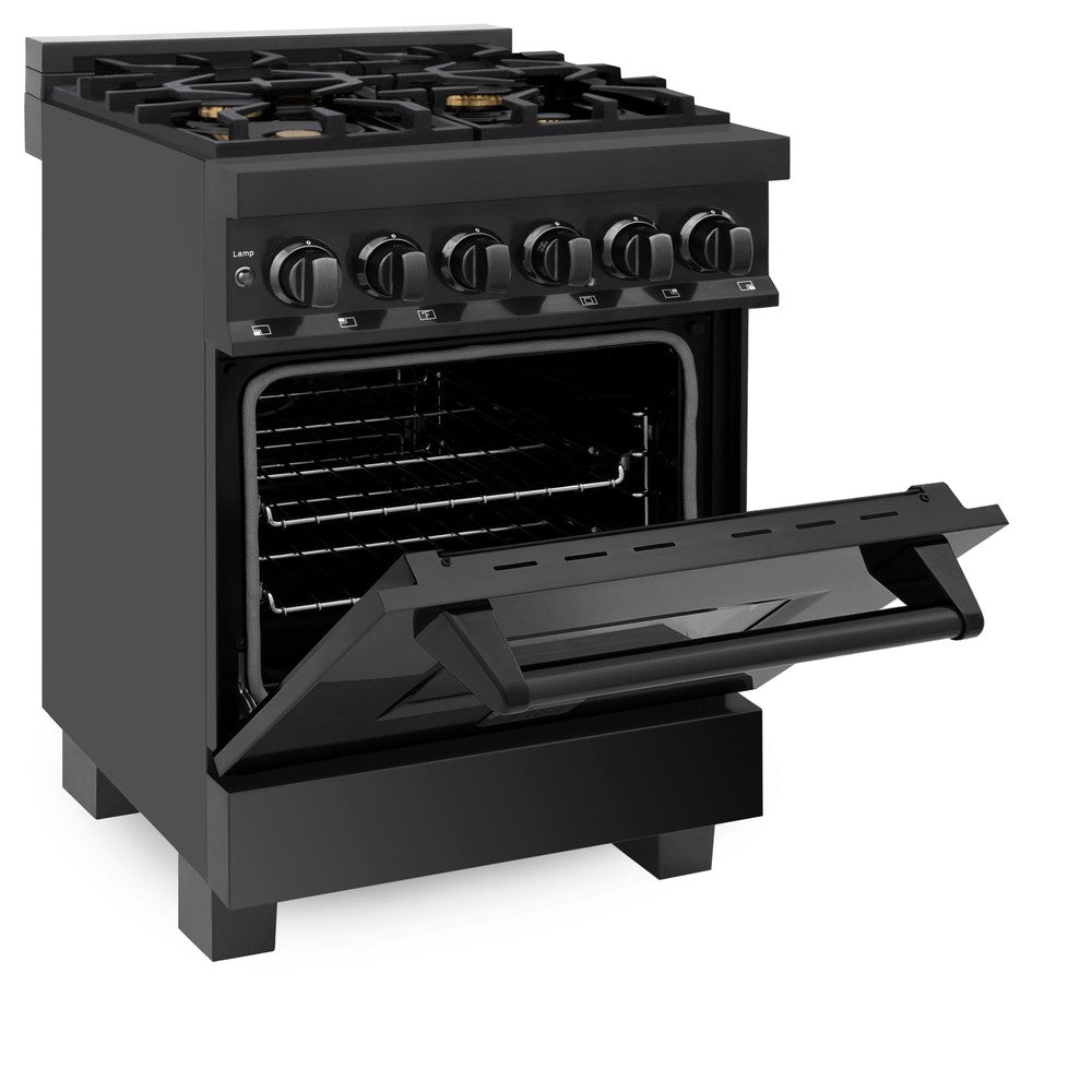 ZLINE 24 in. 2.8 cu. ft. Legacy Dual Fuel Range with Gas Cooktop and Electric Convection Oven in Black Stainless Steel with 4 Brass Burners (RAB-BR-24) side, oven half open.