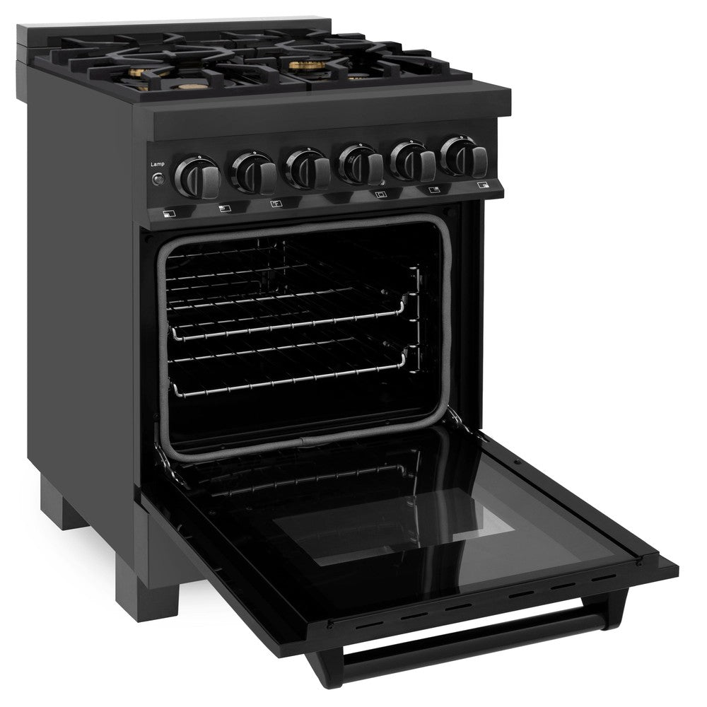 ZLINE 24 in. 2.8 cu. ft. Legacy Dual Fuel Range with Gas Cooktop and Electric Convection Oven in Black Stainless Steel with 4 Brass Burners (RAB-BR-24) side, oven open.