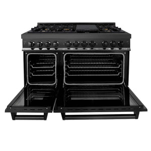 ZLINE 48 in. Kitchen Package with Black Stainless Steel Dual Fuel Range and Convertible Vent Range Hood (2KP-RABRH48) front, open.
