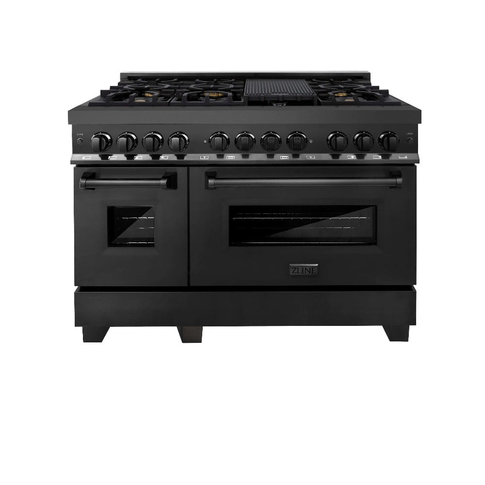 ZLINE 48 in. 6.0 cu. ft. Dual Fuel Range with Gas Stove and Electric Oven in Black Stainless Steel with Brass Burners (RAB-BR-48) front, ovens closed.