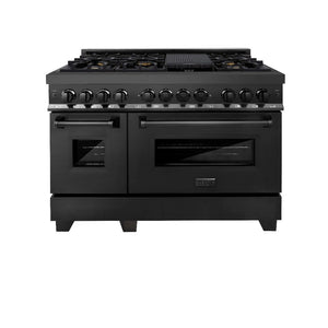 ZLINE 48 in. 6.0 cu. ft. Dual Fuel Range with Gas Stove and Electric Oven in Black Stainless Steel with Brass Burners (RAB-BR-48) front, ovens closed.