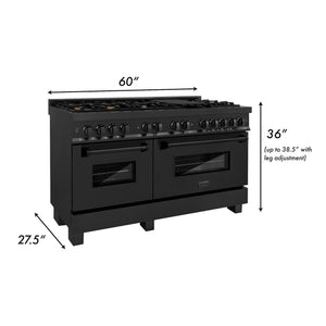 ZLINE 60 in. 7.4 cu. ft. Legacy Dual Fuel Range with 9 Burner Gas Cooktop and 2 Electric Convection Ovens in Black Stainless Steel (RAB-60) dimensional diagram.