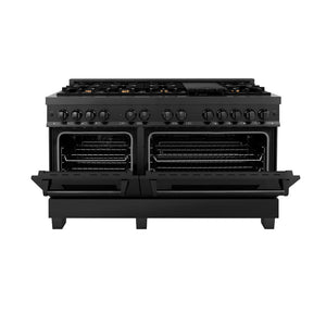 ZLINE 60 in. 7.4 cu. ft. Legacy Dual Fuel Range with 9 Burner Gas Cooktop and 2 Electric Convection Ovens in Black Stainless Steel (RAB-60) front, oven half open.