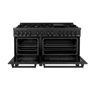 ZLINE 60 in. 7.4 cu. ft. Legacy Dual Fuel Range with 9 Burner Gas Cooktop and 2 Electric Convection Ovens in Black Stainless Steel (RAB-60) front, open.