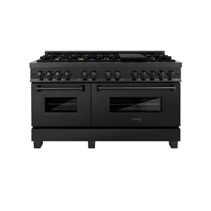 ZLINE 60 in. 7.4 cu. ft. Legacy Dual Fuel Range with 9 Burner Gas Cooktop and 2 Electric Convection Ovens in Black Stainless Steel (RAB-60) front, oven closed.