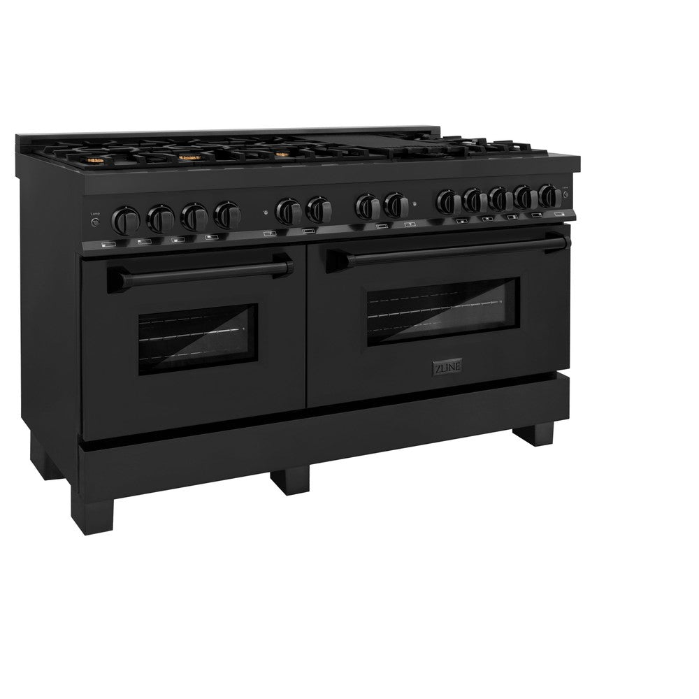 ZLINE 60 in. 7.4 cu. ft. Legacy Dual Fuel Range with 9 Burner Gas Cooktop and 2 Electric Convection Ovens in Black Stainless Steel (RAB-60) side, oven closed.