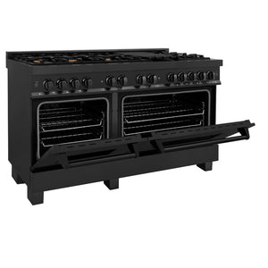 ZLINE 60 in. 7.4 cu. ft. Legacy Dual Fuel Range with 9 Burner Gas Cooktop and 2 Electric Convection Ovens in Black Stainless Steel (RAB-60) side, oven half open.