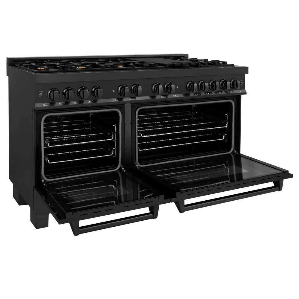 ZLINE 60 in. 7.4 cu. ft. Legacy Dual Fuel Range with 9 Burner Gas Cooktop and 2 Electric Convection Ovens in Black Stainless Steel (RAB-60) side, oven open.