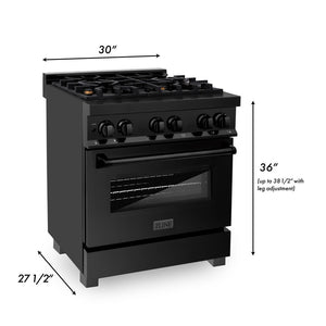 ZLINE 30 in. 4.0 cu. ft. Legacy Dual Fuel Range with Gas Cooktop and Electric Convection Oven in Black Stainless Steel with 4 Brass Burners (RAB-BR-30) dimensional diagram.