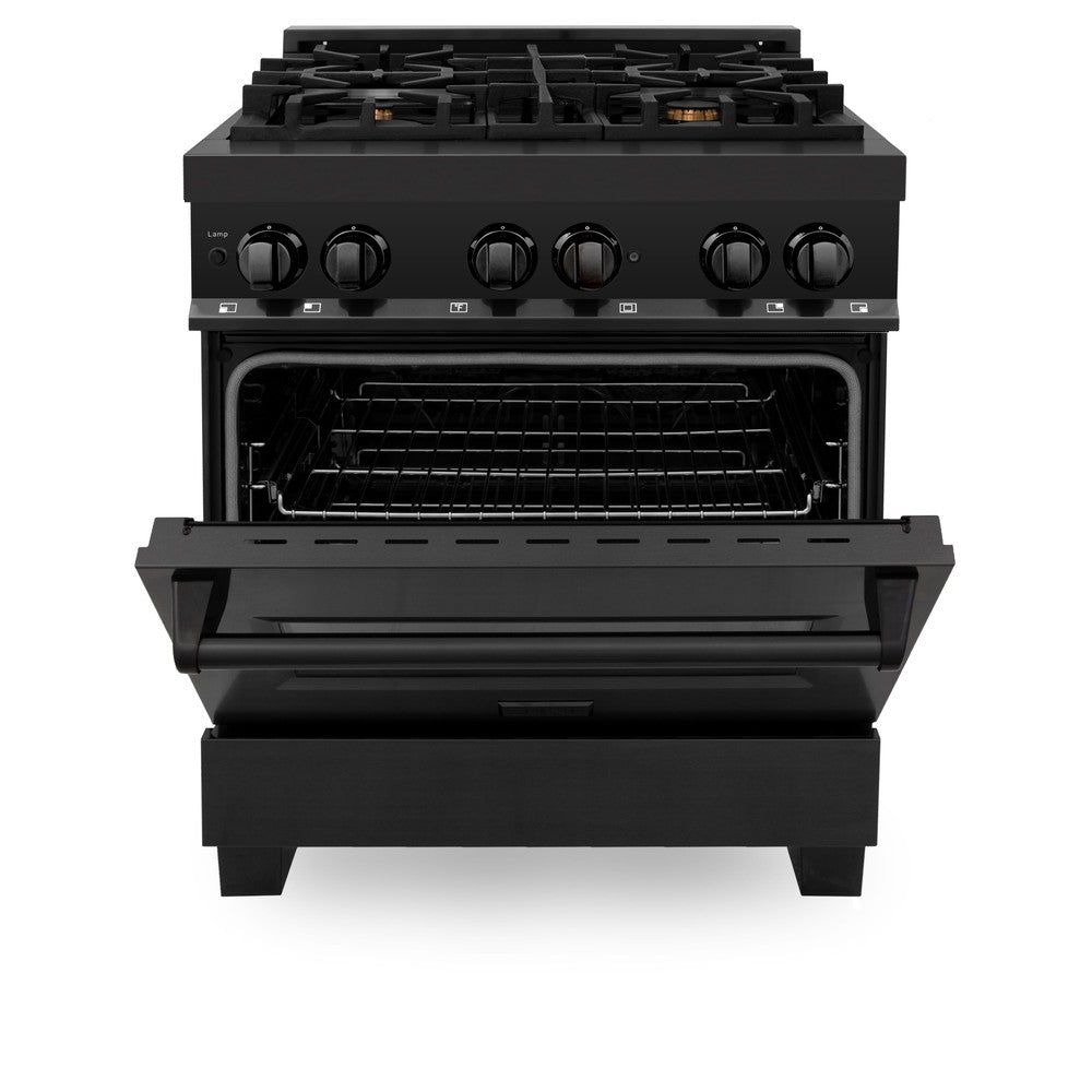ZLINE 30 in. 4.0 cu. ft. Dual Fuel Range with Gas Stove and Electric Oven in Black Stainless Steel with Brass Burners (RAB-BR-30) front, oven door half open.