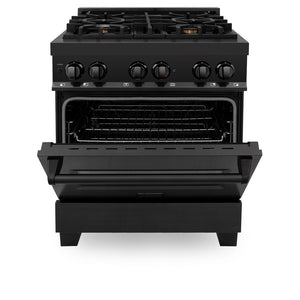 ZLINE 30 in. 4.0 cu. ft. Legacy Dual Fuel Range with Gas Cooktop and Electric Convection Oven in Black Stainless Steel with 4 Brass Burners (RAB-BR-30) front, oven half open.