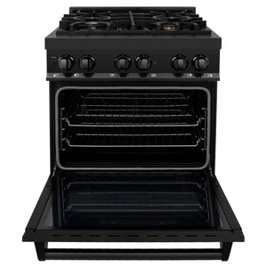 ZLINE 30 in. 4.0 cu. ft. Dual Fuel Range with Gas Stove and Electric Oven in Black Stainless Steel with Brass Burners (RAB-BR-30) front, oven door open.