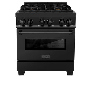 ZLINE 30 in. 4.0 cu. ft. Legacy Dual Fuel Range with Gas Cooktop and Electric Convection Oven in Black Stainless Steel with 4 Brass Burners (RAB-BR-30) front, oven closed.