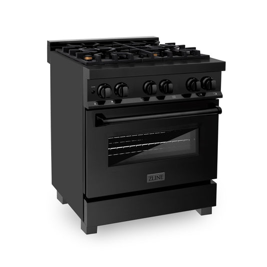 ZLINE 30 in. 4.0 cu. ft. Legacy Dual Fuel Range with Gas Cooktop and Electric Convection Oven in Black Stainless Steel with 4 Brass Burners (RAB-BR-30)