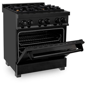 ZLINE 30 in. 4.0 cu. ft. Legacy Dual Fuel Range with Gas Cooktop and Electric Convection Oven in Black Stainless Steel with 4 Brass Burners (RAB-BR-30) side, oven half open.