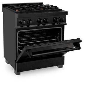 ZLINE 30 in. 4.0 cu. ft. Dual Fuel Range with Gas Stove and Electric Oven in Black Stainless Steel with Brass Burners (RAB-BR-30) side, oven door half open.