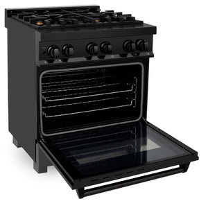 ZLINE 30 in. 4.0 cu. ft. Legacy Dual Fuel Range with Gas Cooktop and Electric Convection Oven in Black Stainless Steel with 4 Brass Burners (RAB-BR-30) side, oven open.