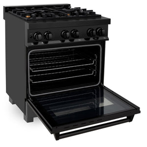 ZLINE 30 in. 4.0 cu. ft. Dual Fuel Range with Gas Stove and Electric Oven in Black Stainless Steel with Brass Burners (RAB-BR-30) side, oven door open.