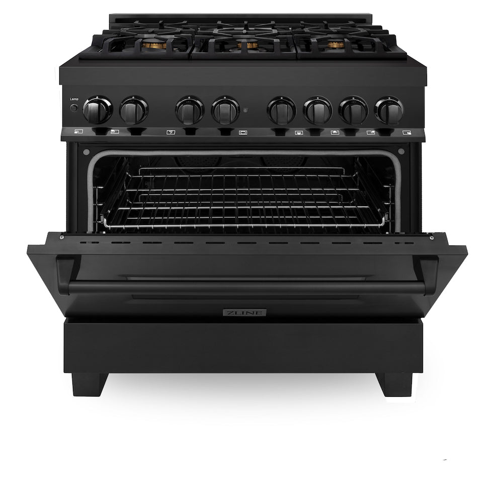 ZLINE 36 in. 4.6 cu. ft. Dual Fuel Range with Gas Stove and Electric Oven in Black Stainless Steel with Brass Burners (RAB-BR-36) front, oven door half open.