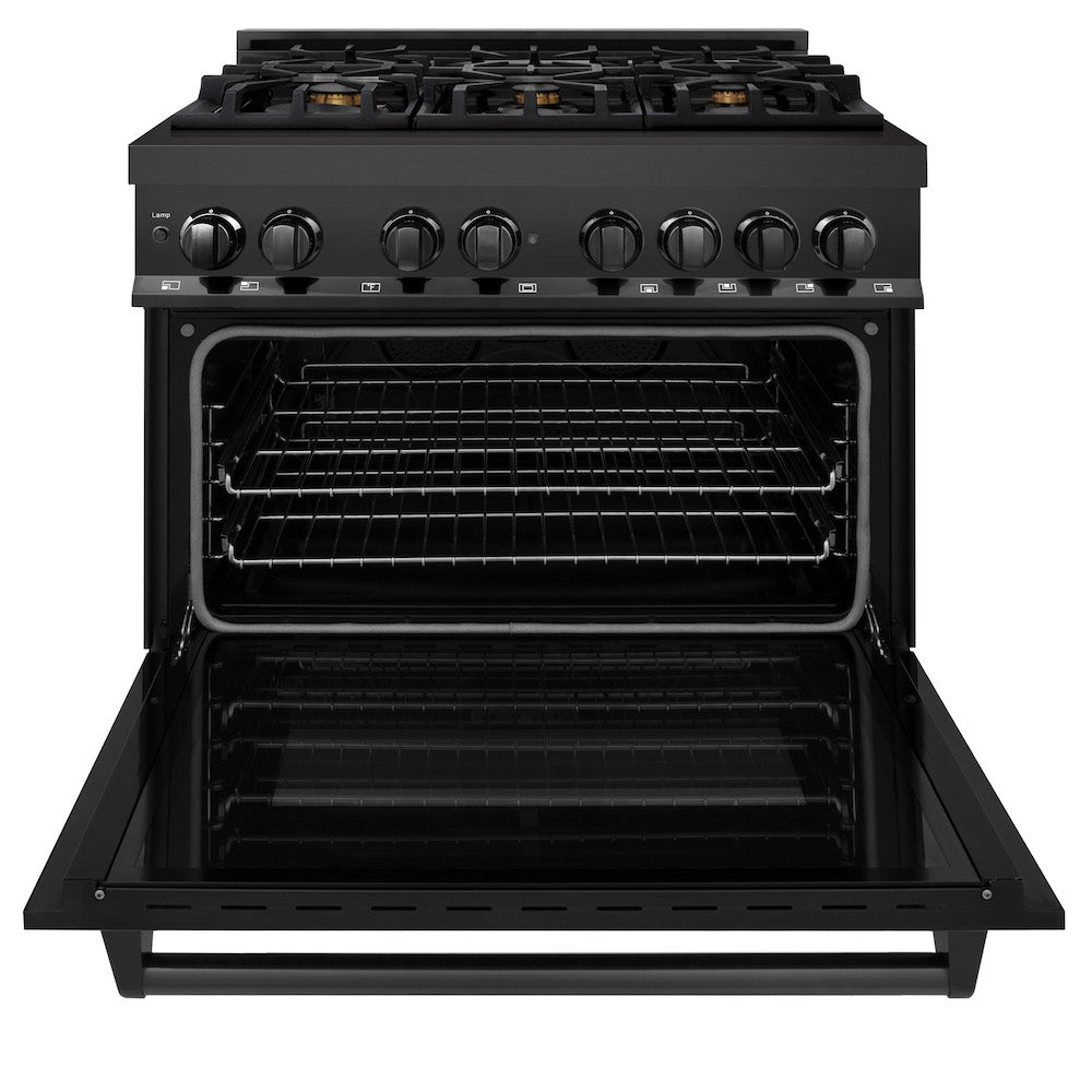 ZLINE 36 in. 4.6 cu. ft. Dual Fuel Range with Gas Stove and Electric Oven in Black Stainless Steel with Brass Burners (RAB-BR-36) front, oven door open.