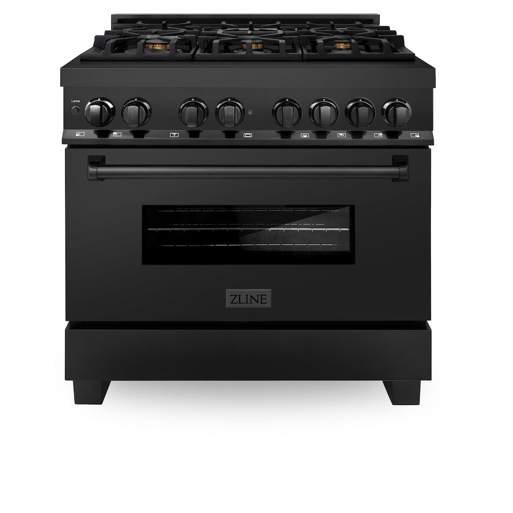 ZLINE 36 in. 4.6 cu. ft. Dual Fuel Range with Gas Stove and Electric Oven in Black Stainless Steel with Brass Burners (RAB-BR-36) front.