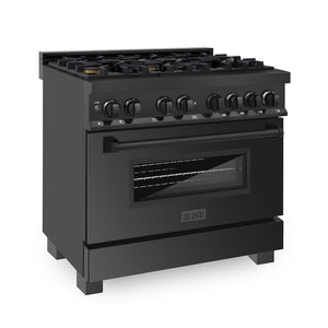 ZLINE 36 in. 4.6 cu. ft. Dual Fuel Range with Gas Stove and Electric Oven in Black Stainless Steel with Brass Burners (RAB-BR-36) side, oven closed.
